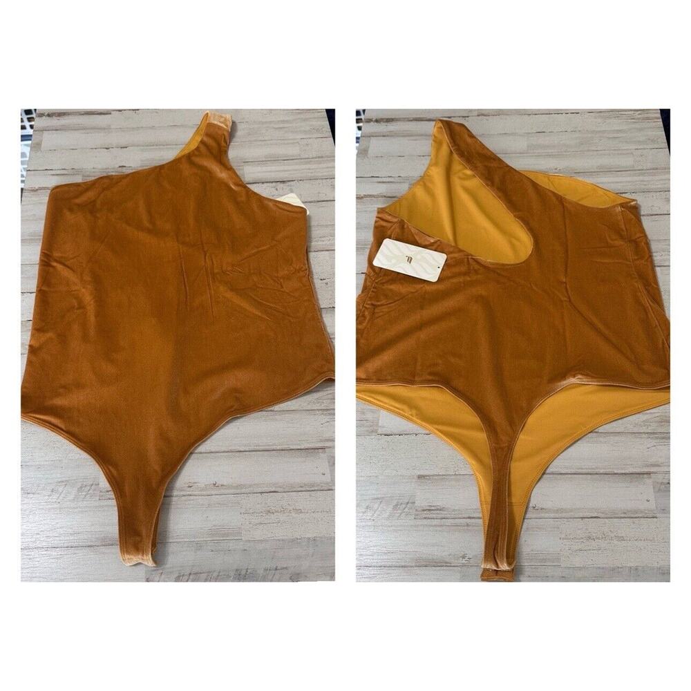Fabletics Gigi Bodysuit Gold‎ Velour One Shoulder Snaps Cheeky Top 2XL 18-20 NEW